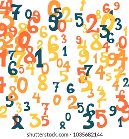 Falling colorful numbers on white background. Abstract background of color numbers for banner or poster. Pattern of randomly distributed numbers from zero to nine in color.