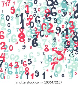 Falling colorful numbers on white background. Abstract background of color numbers for card or print. Pattern of randomly distributed numbers from zero to nine in color.