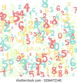 Falling colorful numbers on white background. Abstract background of color numbers for banner or poster. Pattern of randomly distributed numbers from zero to nine in color.
