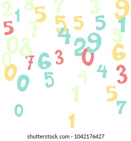 Falling colorful numbers on white background. Abstract colorful background for card or banner. Pattern of randomly distributed numbers from zero to nine in color.