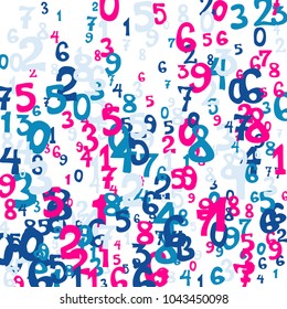 Falling colorful numbers on white background. Abstract colorful background for card or banner. Pattern of randomly distributed numbers from zero to nine in color.