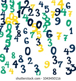 Falling colorful numbers on white background. Abstract colorful background for card or print. Pattern of randomly distributed numbers from zero to nine in color.