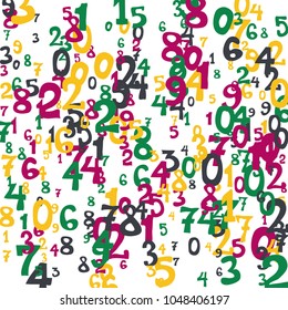 Falling colorful numbers on white background. Abstract background of color numbers for banner or poster. Pattern of randomly distributed numbers from zero to nine in color.