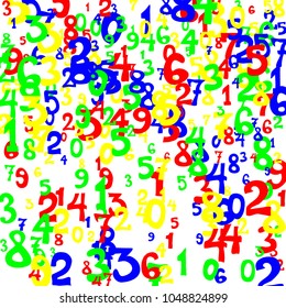 Falling colorful numbers on white background. Abstract colorful background for card or print. Pattern of randomly distributed numbers from zero to nine in color.