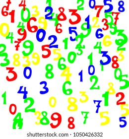 Falling colorful numbers on white background. Abstract colorful background for card or print. Pattern of randomly distributed numbers from zero to nine in color.
