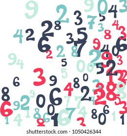 Falling colorful numbers on white background. Abstract colorful background for banner or poster. Pattern of randomly distributed numbers from zero to nine in color.