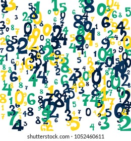 Falling colorful numbers on white background. Abstract colorful background for card or print. Pattern of randomly distributed numbers from zero to nine in color.