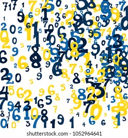 Falling colorful numbers on white background. Abstract colorful background for card or print. Pattern of randomly distributed numbers from zero to nine in color.