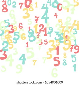Falling colorful numbers on white background. Abstract colorful background for card or print. Pattern of randomly distributed numbers from zero to nine in color.