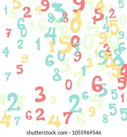 Falling colorful numbers on white background. Abstract background of color numbers for card or print. Pattern of randomly distributed numbers from zero to nine in color.