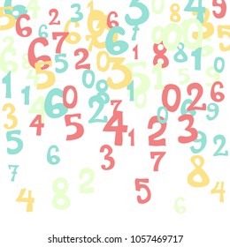 Falling colorful numbers on white background. Abstract background of color numbers for card or print. Pattern of randomly distributed numbers from zero to nine in color.