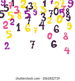 Falling colorful numbers on white background. Abstract background of color numbers for card or banner. Pattern of randomly distributed numbers from zero to nine in color.