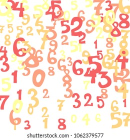 Falling colorful numbers on white background. Abstract background of color numbers for banner or poster. Pattern of randomly distributed numbers from zero to nine in color.