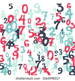 Falling colorful numbers on white background. Abstract background of color numbers for banner or poster. Pattern of randomly distributed numbers from zero to nine in color.