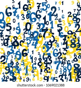 Falling colorful numbers on white background. Abstract background of color numbers for banner or poster. Pattern of randomly distributed numbers from zero to nine in color.