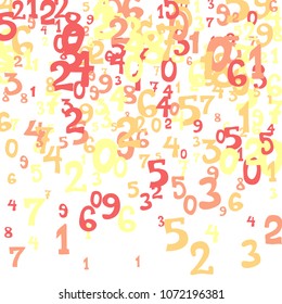 Falling colorful numbers on white background. Abstract colorful background for card or print. Pattern of randomly distributed numbers from zero to nine in color.