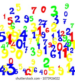 Falling colorful numbers on white background. Abstract background of color numbers for card or banner. Pattern of randomly distributed numbers from zero to nine in color.