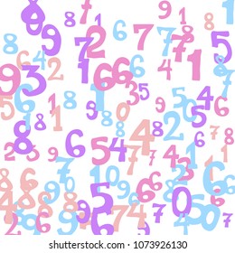 Falling colorful numbers on white background. Abstract colorful background for card or banner. Pattern of randomly distributed numbers from zero to nine in color.