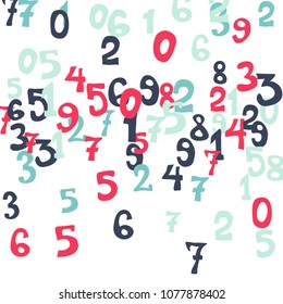 Falling colorful numbers on white background. Abstract colorful background for banner or poster. Pattern of randomly distributed numbers from zero to nine in color.