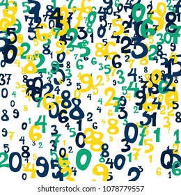 Falling colorful numbers on white background. Abstract background of color numbers for card or banner. Pattern of randomly distributed numbers from zero to nine in color.