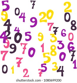 Falling colorful numbers on white background. Abstract background of color numbers for card or banner. Pattern of randomly distributed numbers from zero to nine in color.