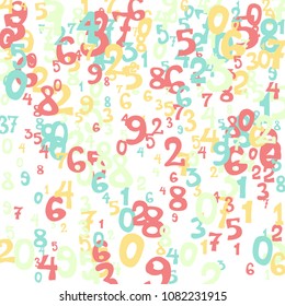 Falling colorful numbers on white background. Abstract background of color numbers for card or print. Pattern of randomly distributed numbers from zero to nine in color.