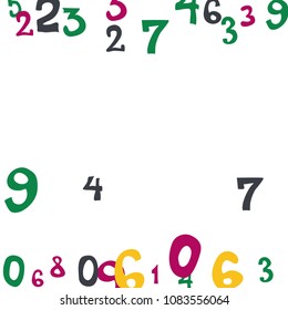 Falling colorful numbers on white background. Abstract colorful background for card or banner. Pattern of randomly distributed numbers from zero to nine in color.