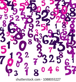 Falling colorful numbers on white background. Abstract background of color numbers for card or print. Pattern of randomly distributed numbers from zero to nine in color.
