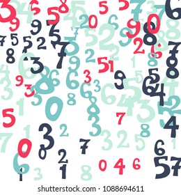 Falling colorful numbers on white background. Abstract background of color numbers for banner or poster. Pattern of randomly distributed numbers from zero to nine in color.