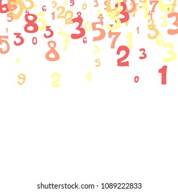 Falling colorful numbers on white background. Abstract background of color numbers for card or print. Pattern of randomly distributed numbers from zero to nine in color.