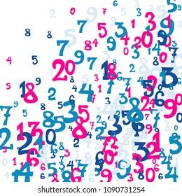 Falling colorful numbers on white background. Abstract background of color numbers for card or banner. Pattern of randomly distributed numbers from zero to nine in color.