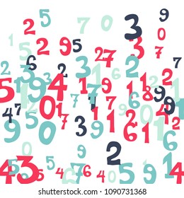 Falling colorful numbers on white background. Abstract colorful background for card or print. Pattern of randomly distributed numbers from zero to nine in color.