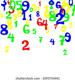 Falling colorful numbers on white background. Abstract colorful background for card or print. Pattern of randomly distributed numbers from zero to nine in color.