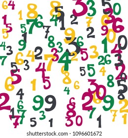 Falling colorful numbers on white background. Abstract background of color numbers for card or banner. Pattern of randomly distributed numbers from zero to nine in color.