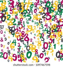 Falling colorful numbers on white background. Abstract colorful background for card or print. Pattern of randomly distributed numbers from zero to nine in color.
