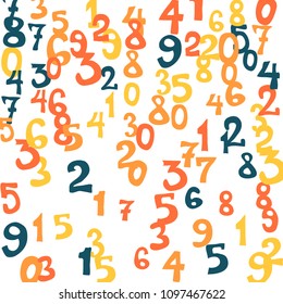 Falling colorful numbers on white background. Abstract colorful background for banner or poster. Pattern of randomly distributed numbers from zero to nine in color.