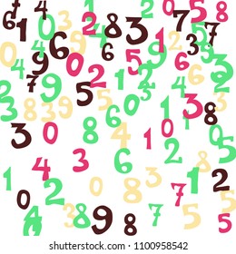 Falling colorful numbers on white background. Abstract colorful background for banner or poster. Pattern of randomly distributed numbers from zero to nine in color.