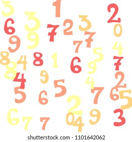 Falling colorful numbers on white background. Abstract colorful background for card or print. Pattern of randomly distributed numbers from zero to nine in color.