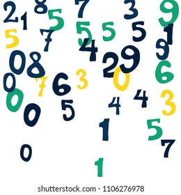 Falling colorful numbers on white background. Abstract colorful background for card or banner. Pattern of randomly distributed numbers from zero to nine in color.