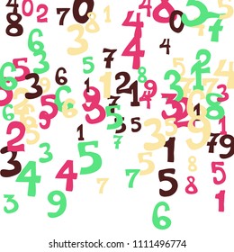 Falling colorful numbers on white background. Abstract colorful background for card or banner. Pattern of randomly distributed numbers from zero to nine in color.