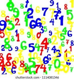 Falling colorful numbers on white background. Abstract background of color numbers for banner or poster. Pattern of randomly distributed numbers from zero to nine in color.