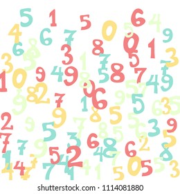 Falling colorful numbers on white background. Abstract colorful background for card or print. Pattern of randomly distributed numbers from zero to nine in color.
