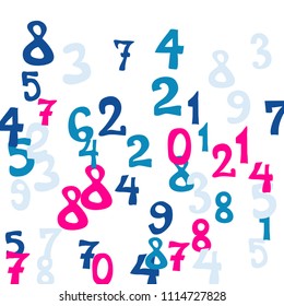 Falling colorful numbers on white background. Abstract colorful background for banner or poster. Pattern of randomly distributed numbers from zero to nine in color.