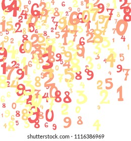 Falling colorful numbers on white background. Abstract colorful background for card or print. Pattern of randomly distributed numbers from zero to nine in color.