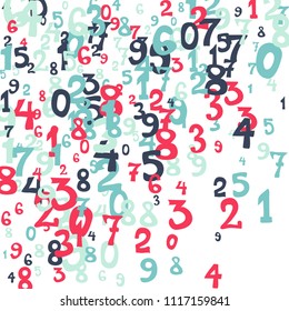 Falling colorful numbers on white background. Abstract colorful background for banner or poster. Pattern of randomly distributed numbers from zero to nine in color.