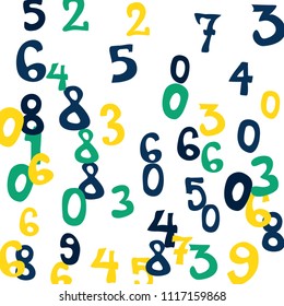 Falling colorful numbers on white background. Abstract background of color numbers for banner or poster. Pattern of randomly distributed numbers from zero to nine in color.