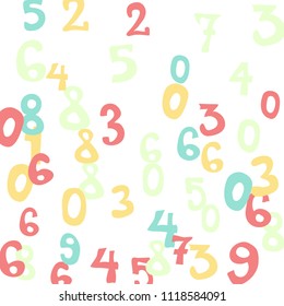 Falling colorful numbers on white background. Abstract background of color numbers for card or banner. Pattern of randomly distributed numbers from zero to nine in color.