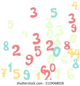 Falling colorful numbers on white background. Abstract colorful background for card or print. Pattern of randomly distributed numbers from zero to nine in color.