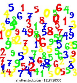 Falling colorful numbers on white background. Abstract colorful background for card or banner. Pattern of randomly distributed numbers from zero to nine in color.