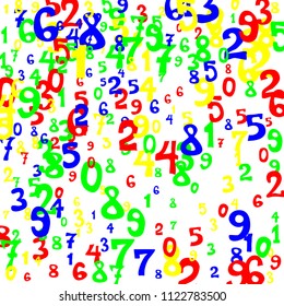 Falling colorful numbers on white background. Abstract colorful background for banner or poster. Pattern of randomly distributed numbers from zero to nine in color.